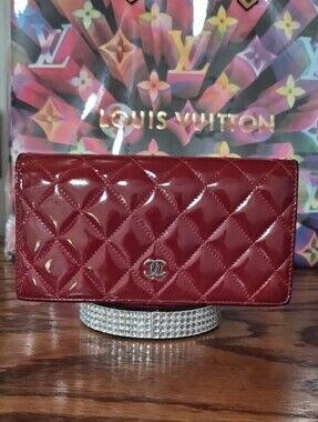 CHANEL Quilted Patent Leather Long Wallet - Burgundy